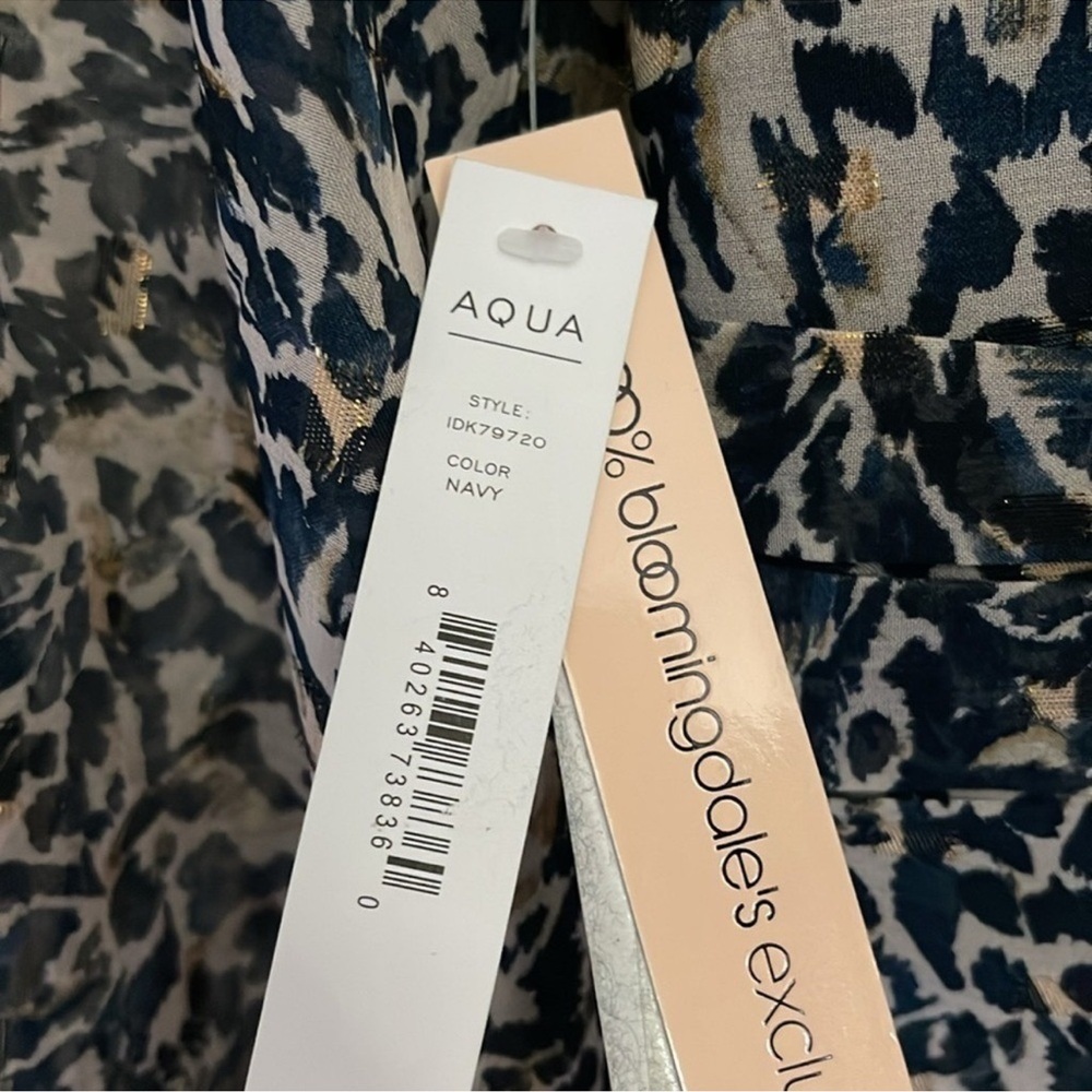 NWT Aqua Cocktail Dress Wrap Plunge Long sleeve Navy and Cream Animal Print - Picture 8 of 8